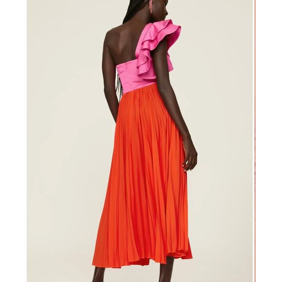 Amur Pink Orange One Shoulder Gown SIZE 2 Pleated Cut Out Formal Vacation $600 - Picture 3 of 16